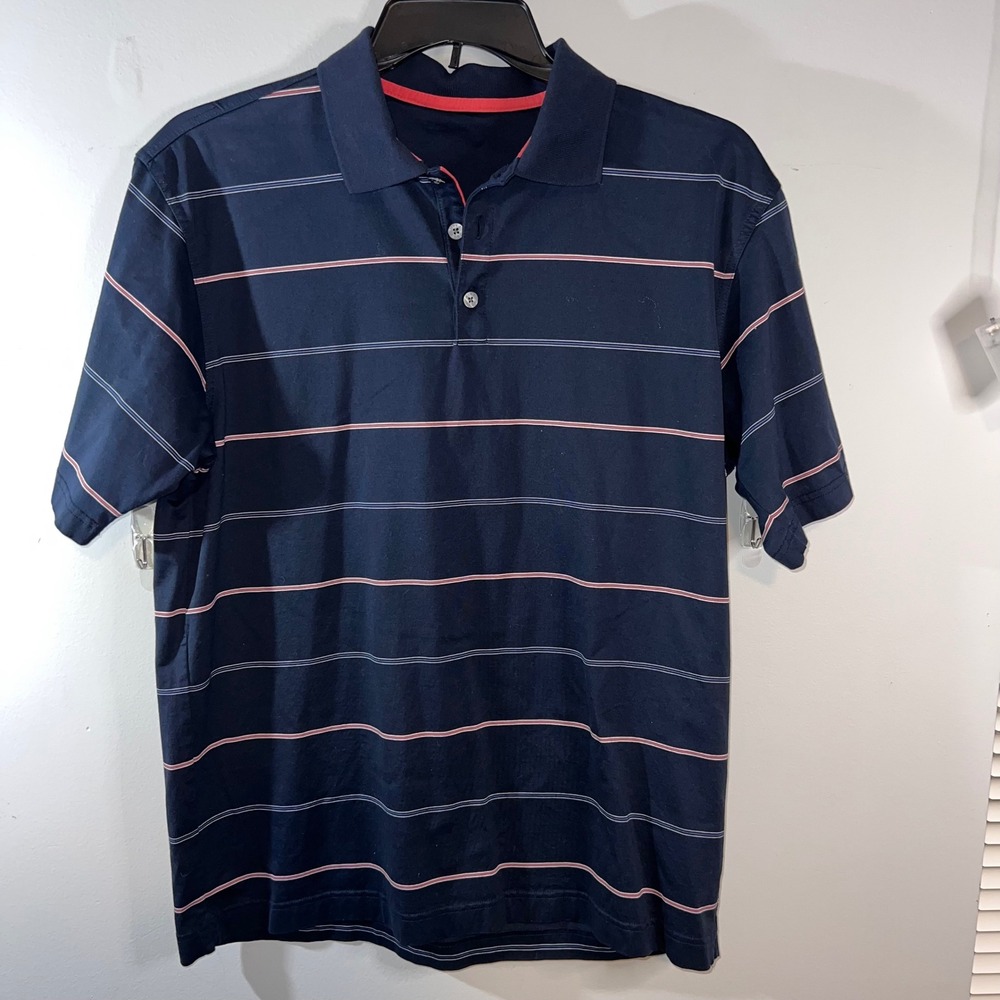 Nike Golf Polo Shirt Mens Large Striped Navy Blue Short Sleeve Cotton Casual